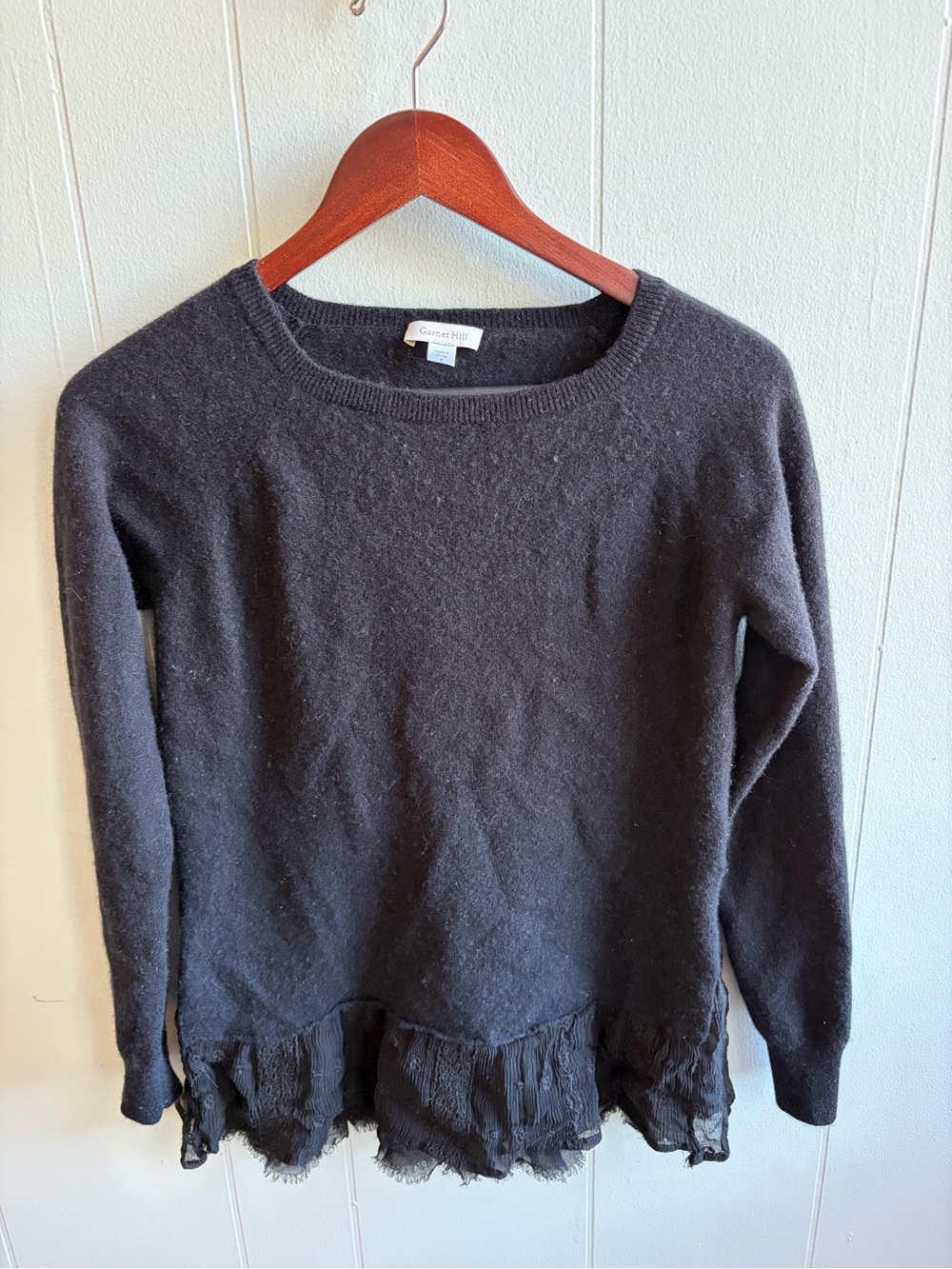 100% Cashmere * Garnet Hill * Black Knit Sweater with Lace Hem